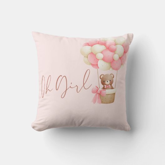 Roze Teddybeer Oh Meisje Ballon Baby Shower Kussen (Voorkant)