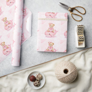Roze teddybeer op walvis meisje baby shower cadeaupapier