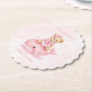 Roze teddybeer op walvis meisje baby shower kartonnen onderzetters