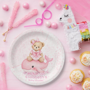 Roze teddybeer op walvis meisje baby shower papieren bordje