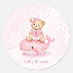 Roze teddybeer op walvis meisje baby shower ronde sticker