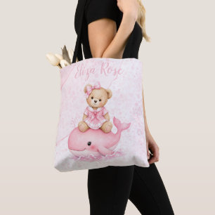 Roze teddybeer op walvis meisje baby shower tote bag