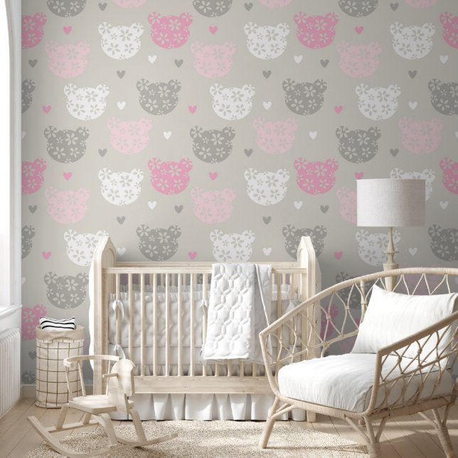 Roze teddybeer oren kanten wandbekleding behang (Kinderen)