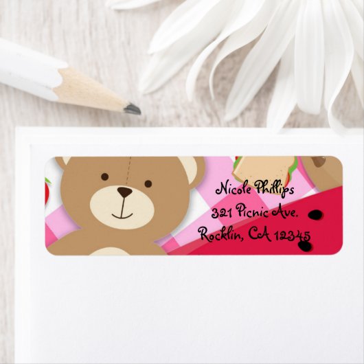 Roze Teddybeer Picknick Verjaardagsfeestuitnodigin Etiket (Insitu)