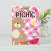 Roze Teddybeer Picknick Verjaardagsfeestuitnodigin Kaart (Staand voorkant)
