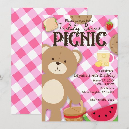 Roze Teddybeer Picknick Verjaardagsfeestuitnodigin Kaart (Voorkant / Achterkant)