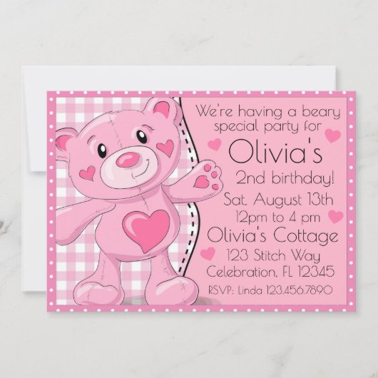 Roze Teddybeer Picnic Meisjes Verjaardag Kaart (Voorkant)