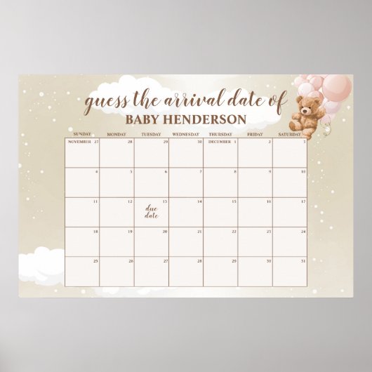 Roze Teddybeer Raad De Verwachte Datum Kalender Poster (Voorkant)