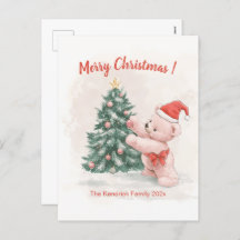 Roze teddybeer retro kerst Briefkaart