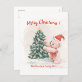 Roze teddybeer retro kerst Briefkaart