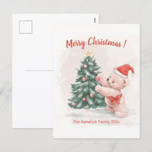 Roze teddybeer retro kerst Briefkaart