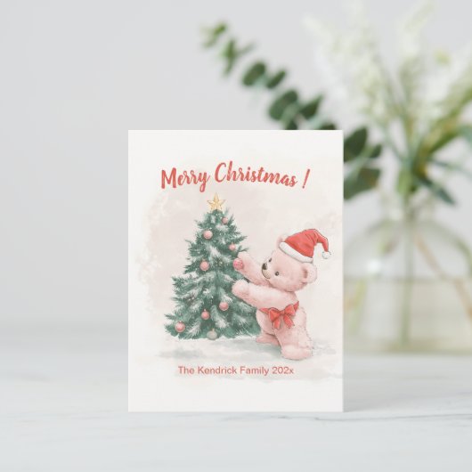 Roze teddybeer retro kerst Briefkaart (Staand voorkant)