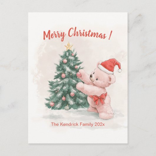 Roze teddybeer retro kerst Briefkaart (Voorkant)