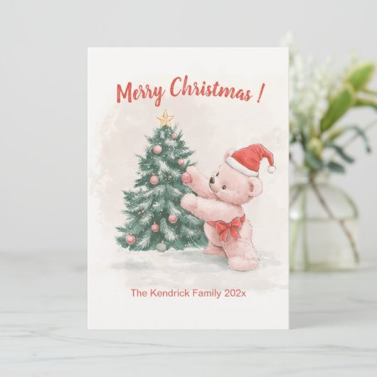 Roze teddybeer retro kerst Kaart (Staand voorkant)