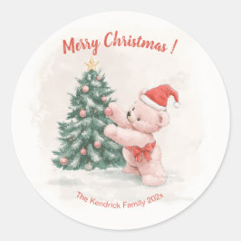 Roze teddybeer Retro Kerstmis Ronde Sticker