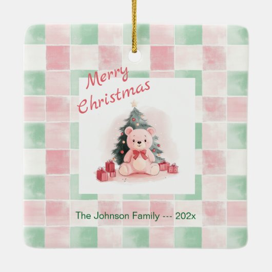 Roze teddybeer Schattigee kerst Keramisch Ornament (Achterkant)