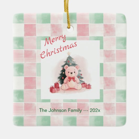 Roze teddybeer Schattigee kerst Keramisch Ornament (Voorkant)