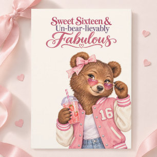 Roze Teddybeer Sweet Sixteen Verjaardagsfeestje Kaart