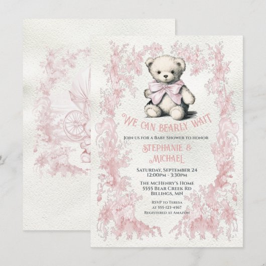 Roze teddybeer toile waterverf baby shower kaart (Voorkant / Achterkant)
