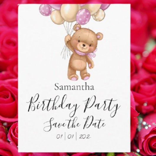 Roze Teddybeer Verjaardagsfeestje Save the Date Briefkaart