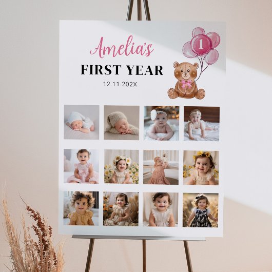 Roze Teddybeer Verjaardagsfoto Milestone Poster