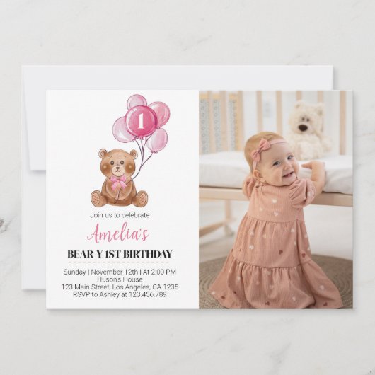 Roze Teddybeer Verjaardagsuitnodiging Beer Balloon Bedankkaart (Voorkant)