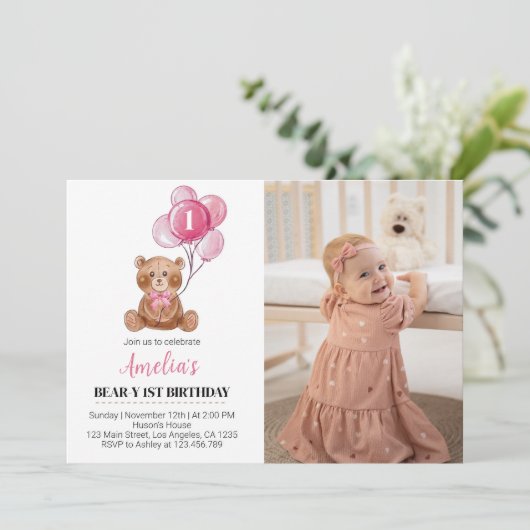 Roze Teddybeer Verjaardagsuitnodiging Beer Balloon Bedankkaart (Staand voorkant)