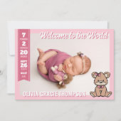Roze teddybeer Welkom in de wereld Baby Girl Aankondiging (Voorkant)