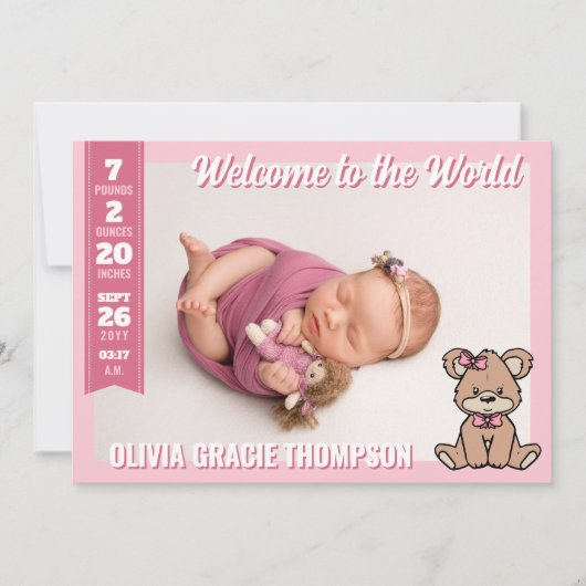 Roze teddybeer Welkom in de wereld Baby Girl Aankondiging (Voorkant)