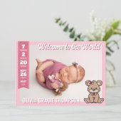 Roze teddybeer Welkom in de wereld Baby Girl Aankondiging (Staand voorkant)
