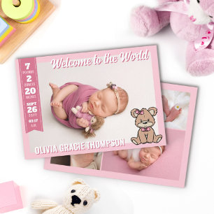 Roze teddybeer Welkom in de wereld Baby Girl Aankondiging