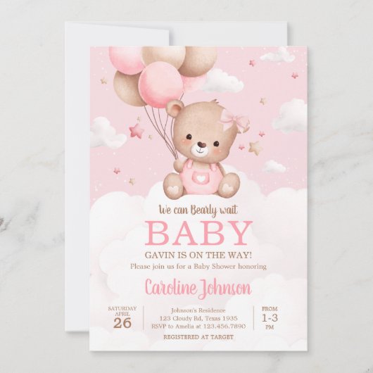 Roze teddybeer wolken ballon Baby shower Kaart (Voorkant)