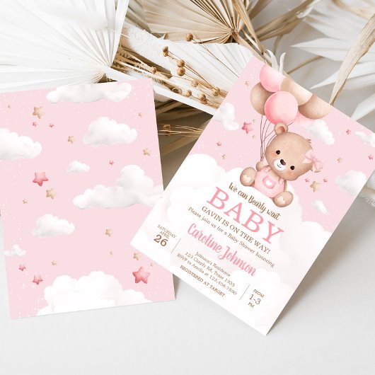 Roze teddybeer wolken ballon Baby shower Kaart