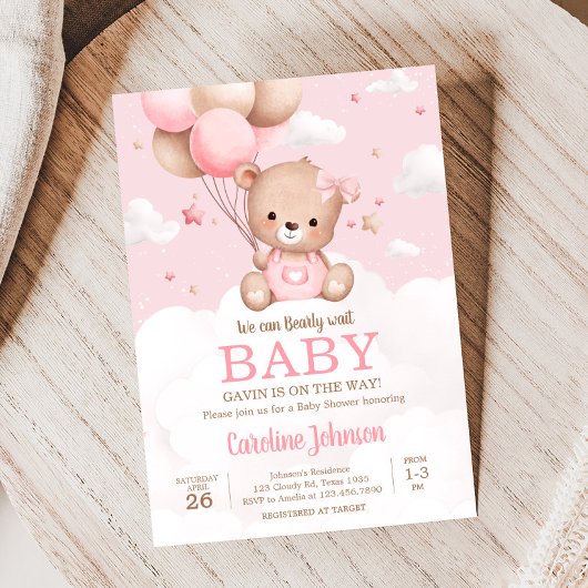 Roze teddybeer wolken ballon Baby shower Kaart