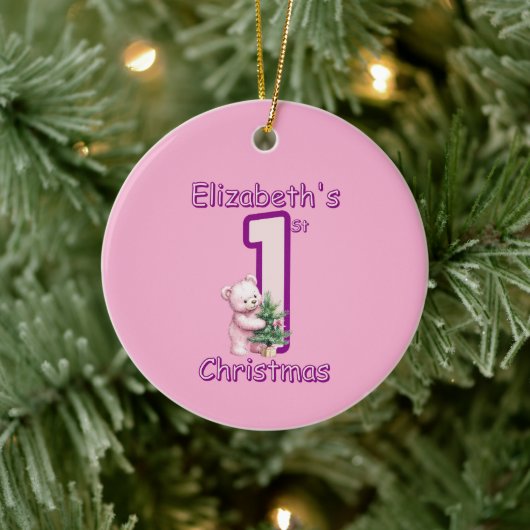 Roze Teddyberen eerste kerstfeestvreugde! Keramisch Ornament (Boom)