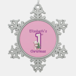 Roze Teddyberen eerste kerstvreugde! Tin Sneeuwvlok Ornament