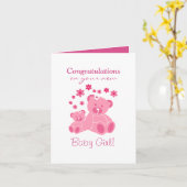 Roze teddyberen Schattigee Baby Girl Congrats Kaart (Gele Bloem)