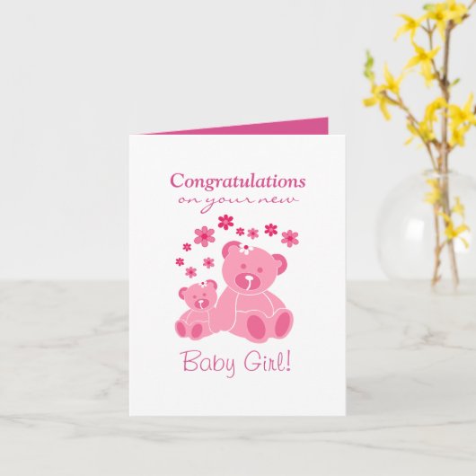Roze teddyberen Schattigee Baby Girl Congrats Kaart (Gele Bloem)