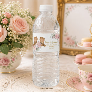 Roze Teddyberen Thee Feestje Verjaardag Waterfles Etiket