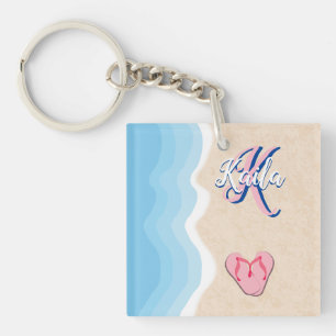 Roze Teenslippers op de strand Sleutelhanger