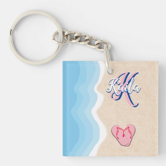 Roze Teenslippers op de strand Sleutelhanger (Voorkant)