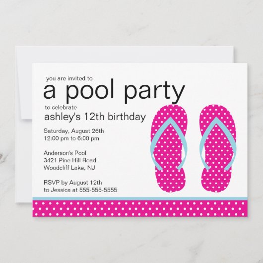 Roze Teenslippers Pool Party Invitation Kaart (Voorkant)