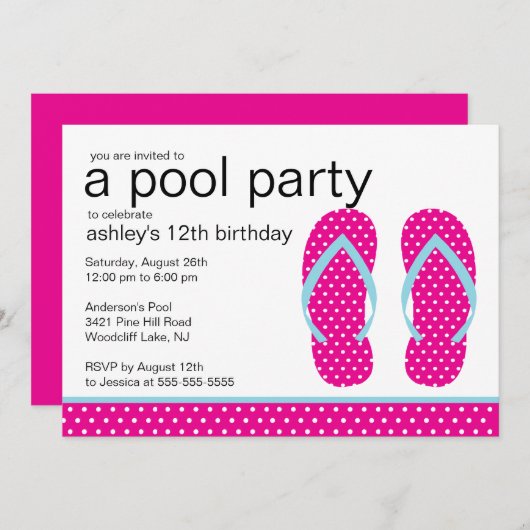 Roze Teenslippers Pool Party Invitation Kaart (Voorkant / Achterkant)