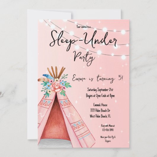 Roze Teepee Slaap-Under Verjaardagsfeest Uitnodigi Kaart (Voorkant)