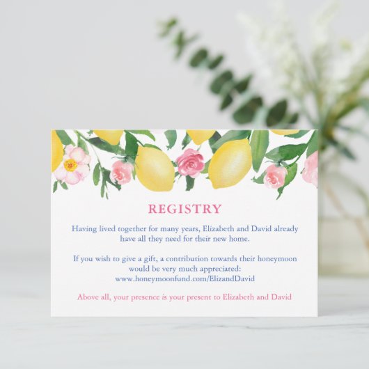 Roze Tegel Italiaans Lemons Baby Meisje Douche Reg Informatiekaartje (Staand voorkant)