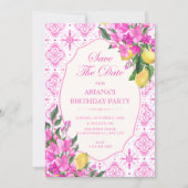 Roze tegelpatroon bloemkunst save the date (Voorkant)