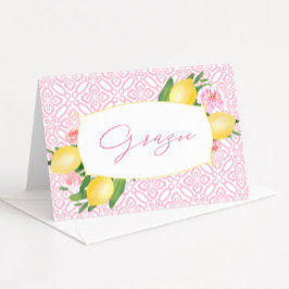 Roze Tegels Waterverf Citroenen Baby Shower Bedankkaart
