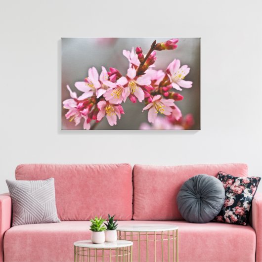 Roze tegen een grijze hemel Japanse Cherry Blossom Canvas Afdruk (Insitu (Woonkamer))