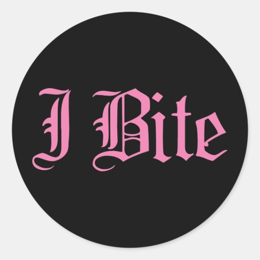 Roze tekst "I Bite" Ronde Sticker (Voorkant)