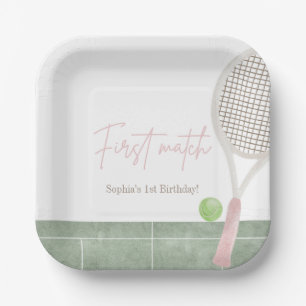 Roze Tennis Eerste Verjaardag Meisje Preppy Klassi Papieren Bordje